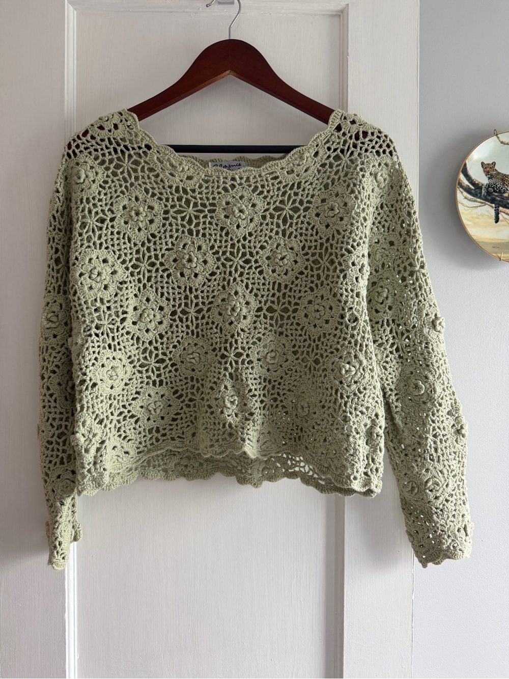 Crochet Openwork Boxy Sweater - Sage Green